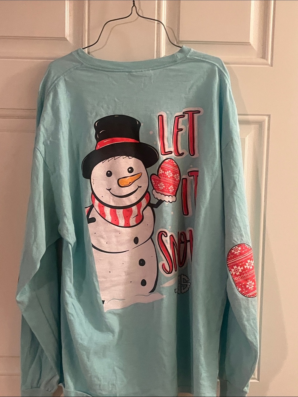 Simply Southern Light Blue Snowman Long Sleeve Tee with Red Accents